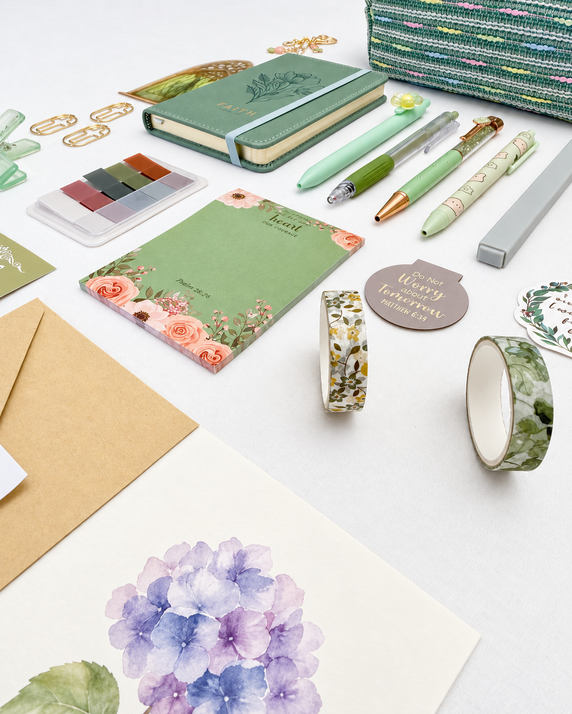Faith green Christian stationery collection with a Scripture journal, writing tools, bookmarks, washi tape, and Bible study accessories. Product photo 3 of 4.