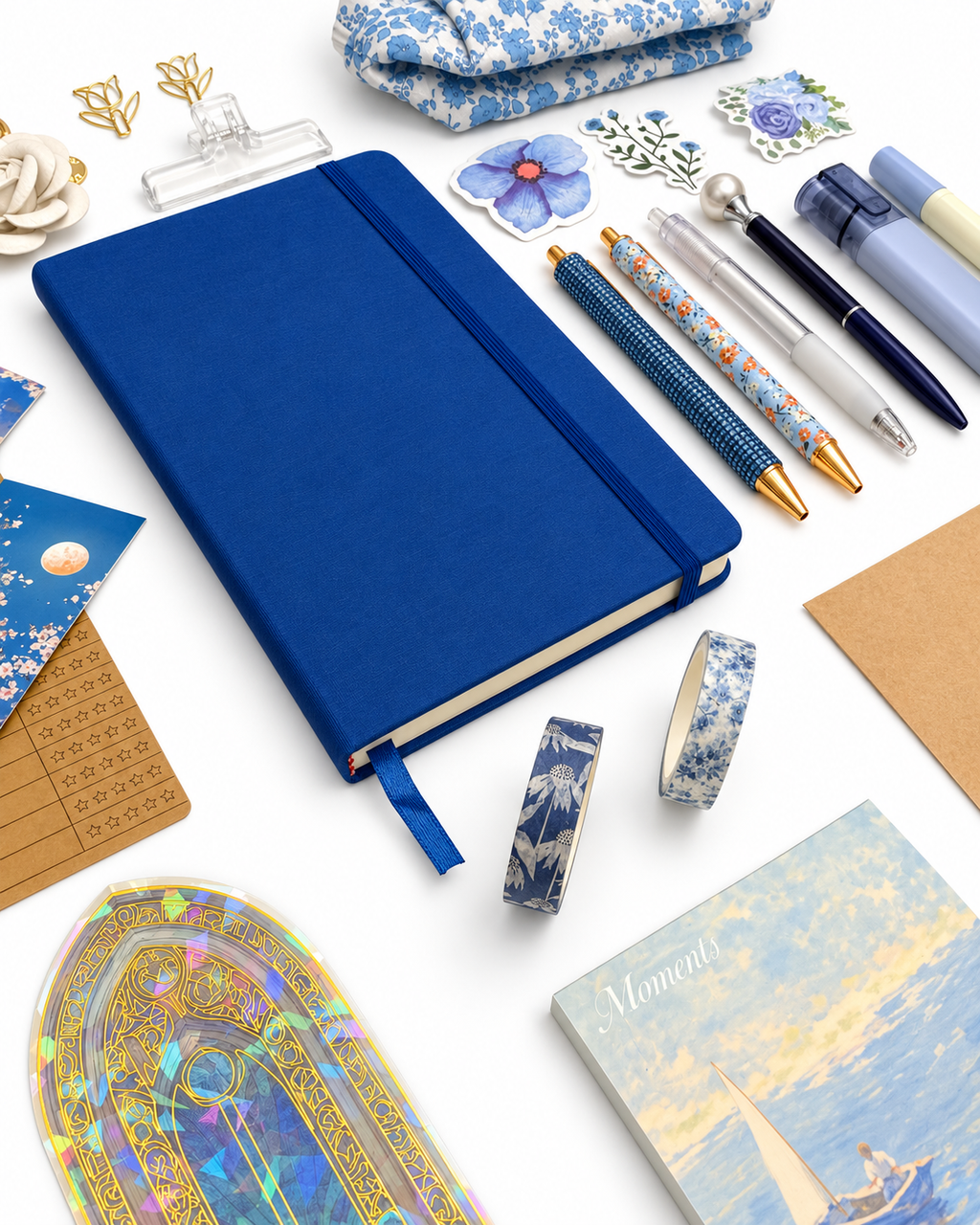 Harbor Blue stationery collection with an A5 journal, writing tools, bookmarks, washi tape, and coordinating desk accessories. Product photo 3 of 4.