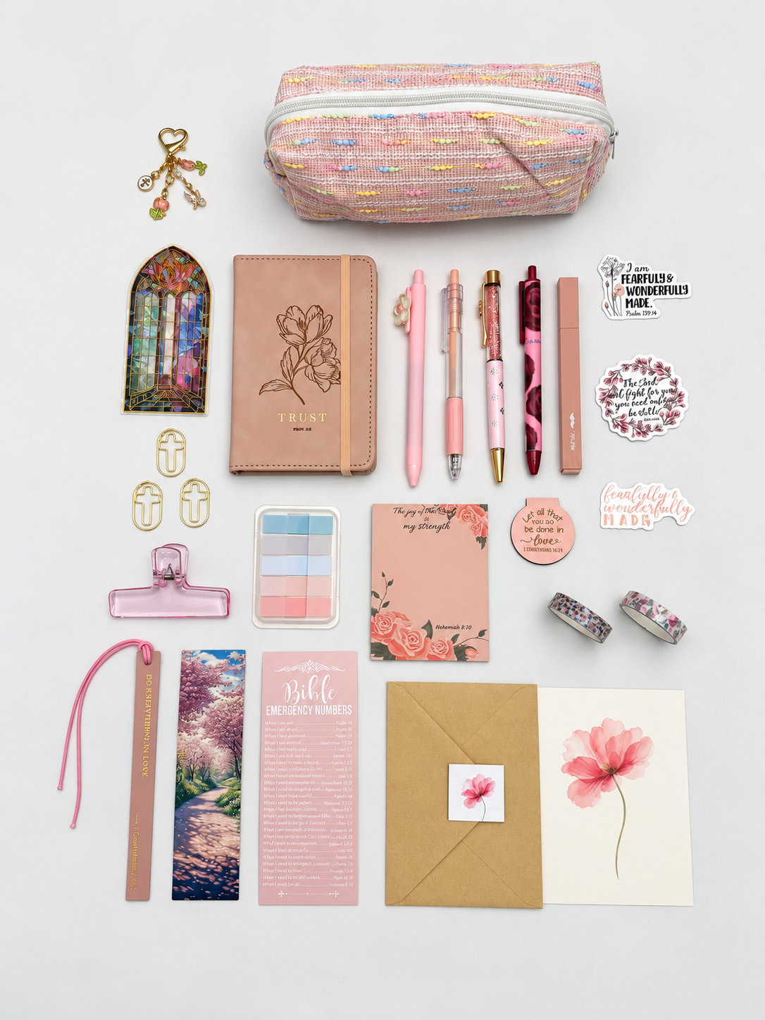 Trust pink Christian stationery collection with a Scripture journal, writing tools, bookmarks, washi tape, and Bible study accessories. Product photo 1 of 4.