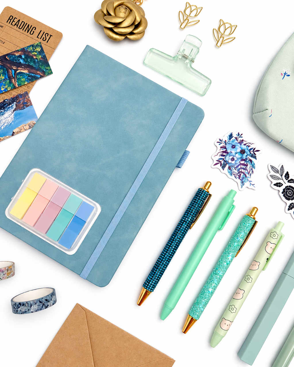Sea Glass aqua stationery collection with an A5 journal, writing tools, bookmarks, washi tape, and coordinating desk accessories. Product photo 2 of 4.