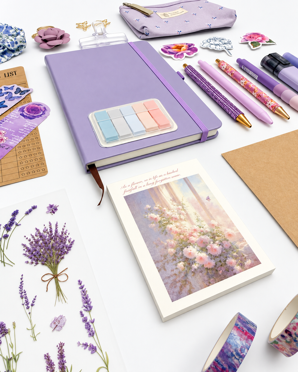Quiet Violet purple stationery collection with an A5 journal, writing tools, bookmarks, washi tape, and coordinating desk accessories. Product photo 3 of 4.