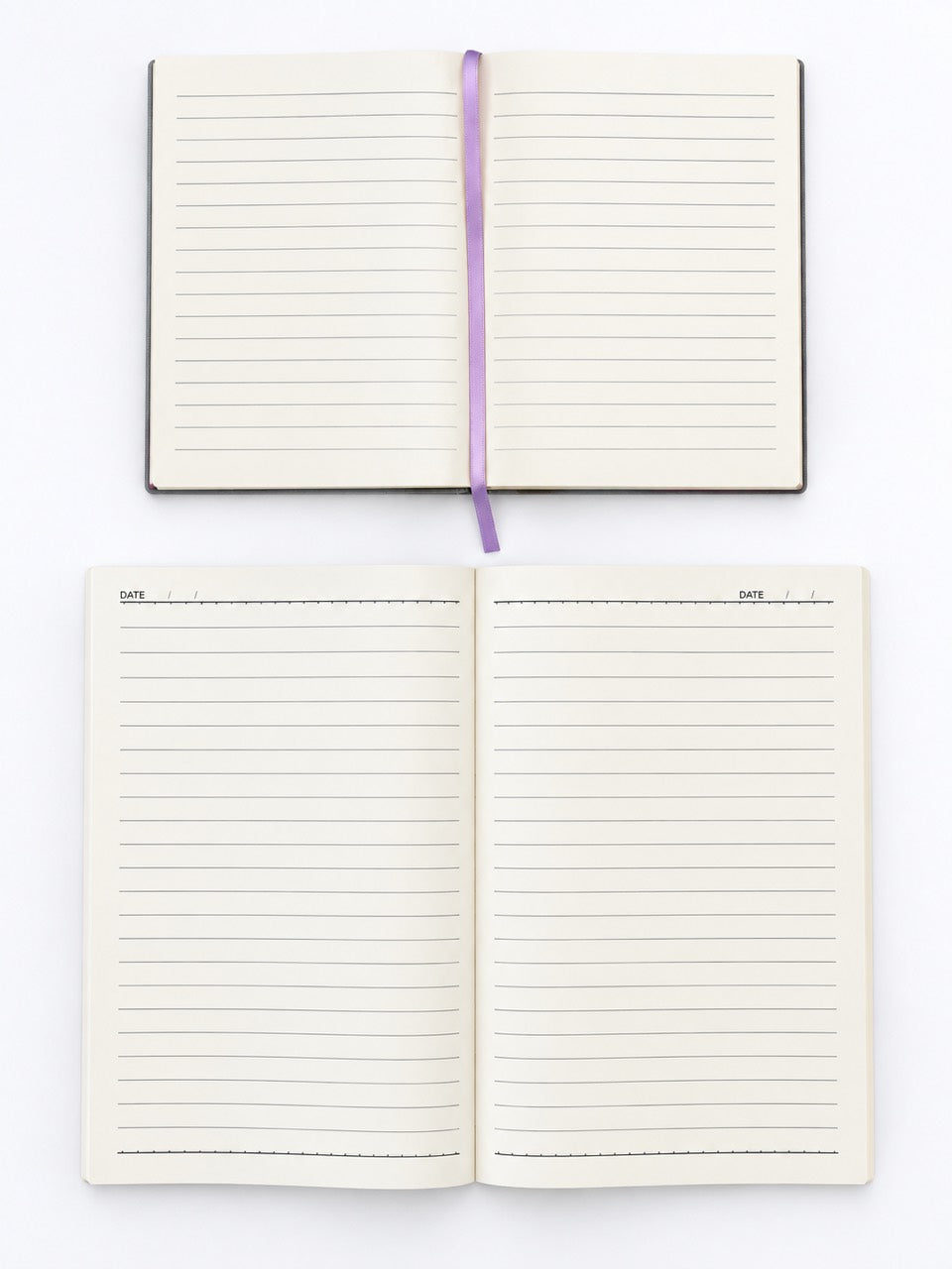 An open lined notebook with cream pages and a purple ribbon bookmark, shown from above on a white background, with a second identical notebook below it.