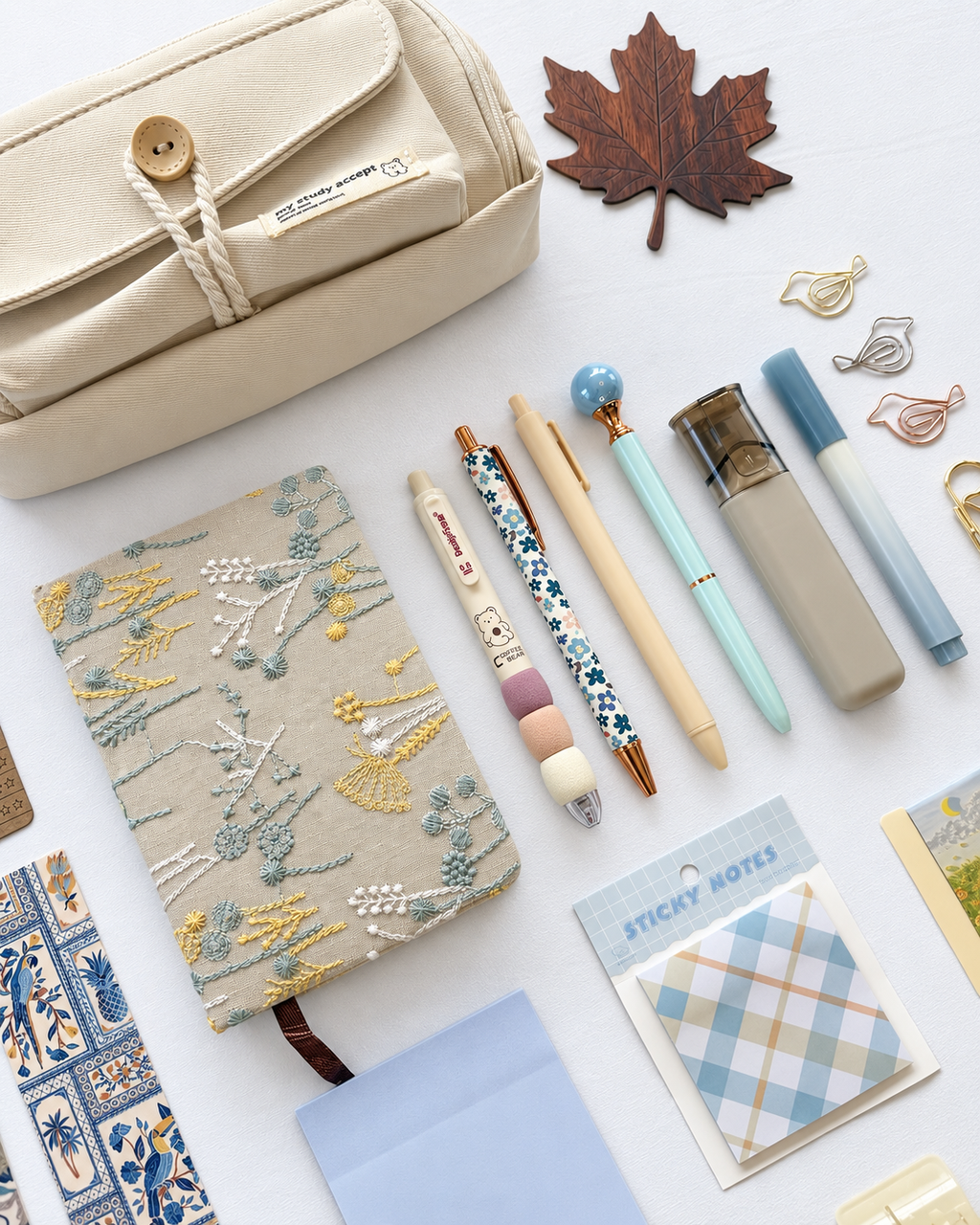 Harvest Light neutral fall stationery collection with a journal, writing tools, bookmarks, sticky notes, and seasonal desk accessories. Product photo 2 of 4.