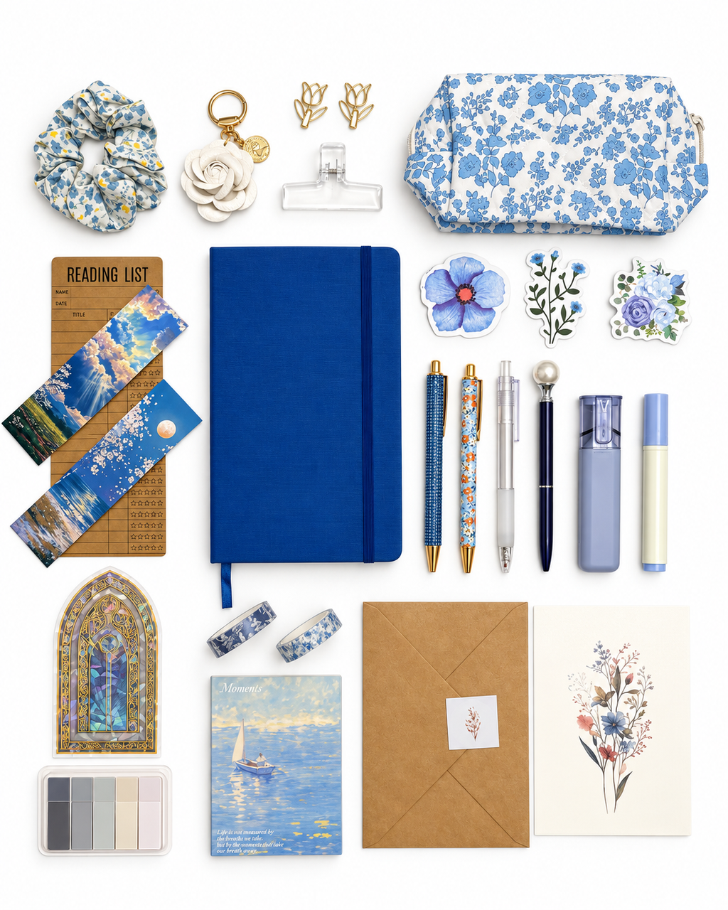 Harbor Blue stationery collection with an A5 journal, writing tools, bookmarks, washi tape, and coordinating desk accessories. Product photo 1 of 4.