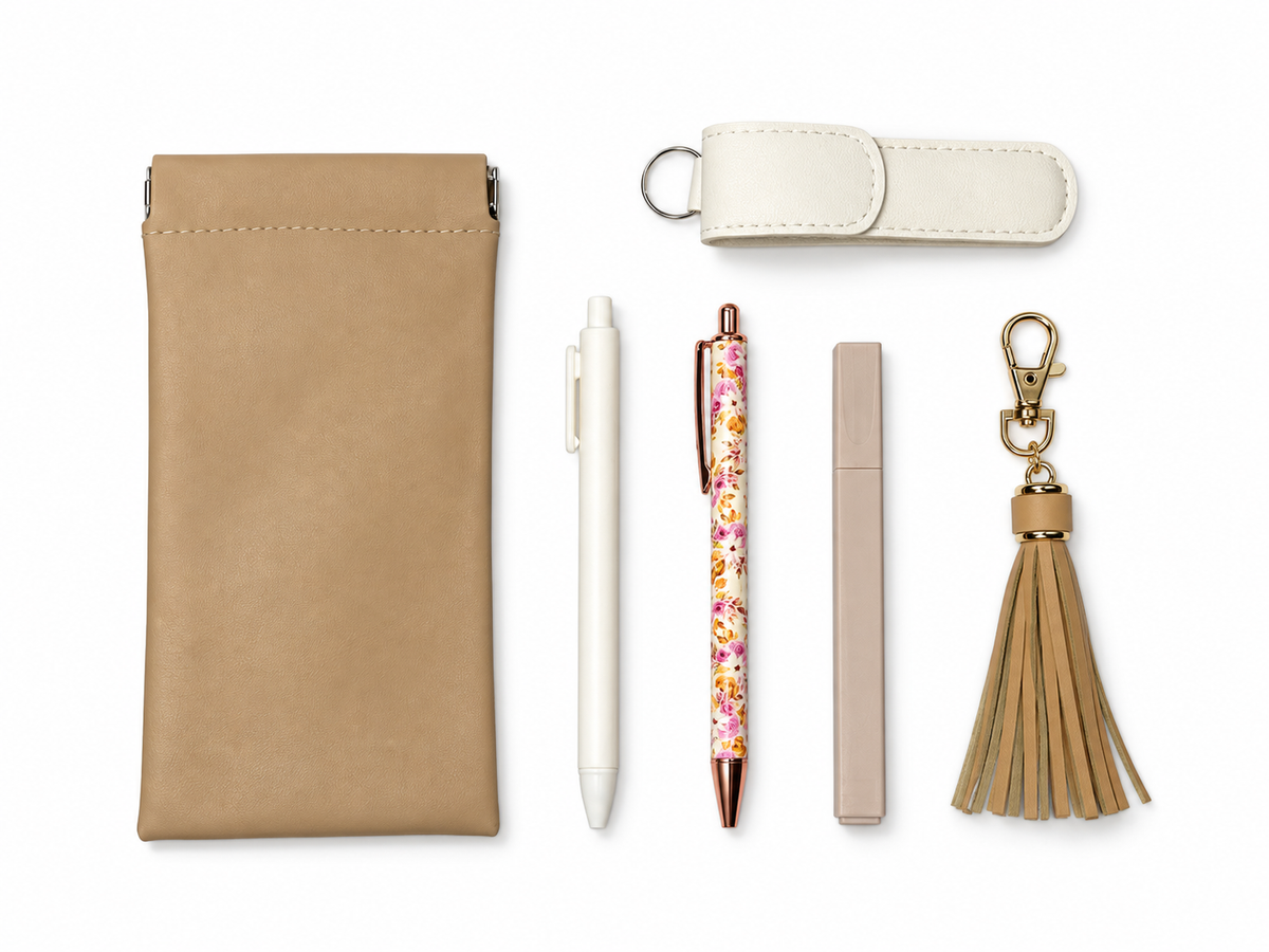 Neutral Purse Pack with spring-close pouch, two pens, highlighter, glass nail file and tassel keychain