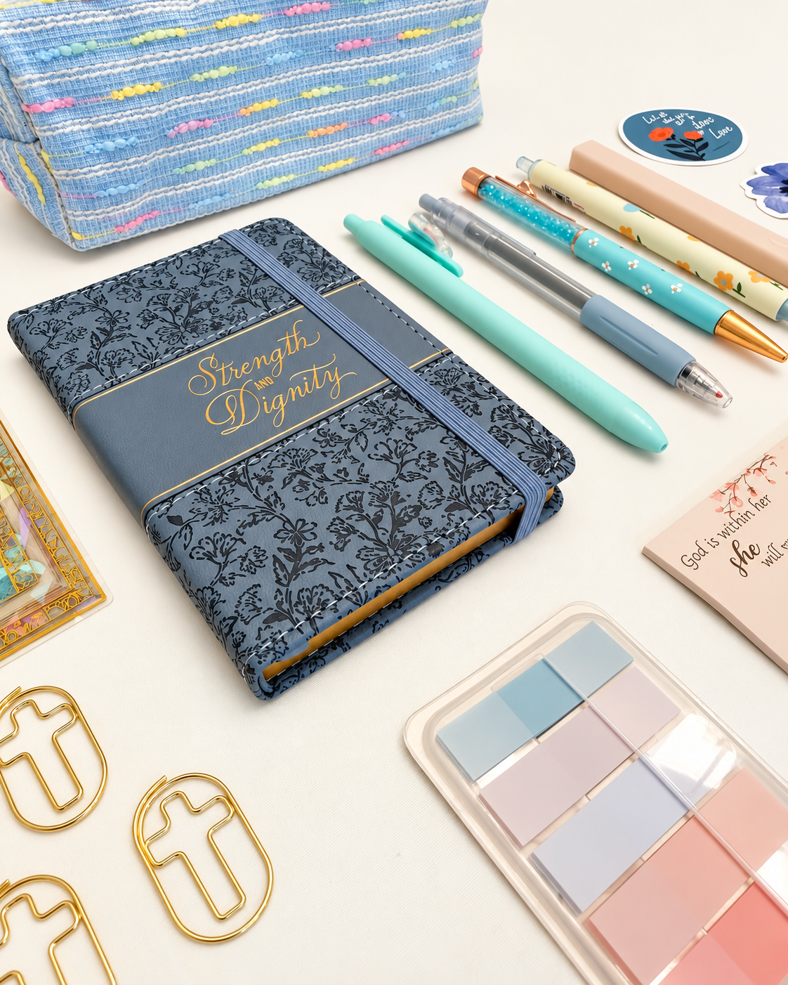 Strength blue Christian stationery collection with a Scripture journal, writing tools, bookmarks, and Bible study accessories. Product photo 2 of 4.