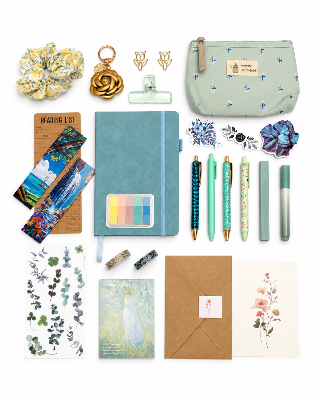 Sea Glass aqua stationery collection with an A5 journal, writing tools, bookmarks, washi tape, and coordinating desk accessories. Product photo 1 of 4.