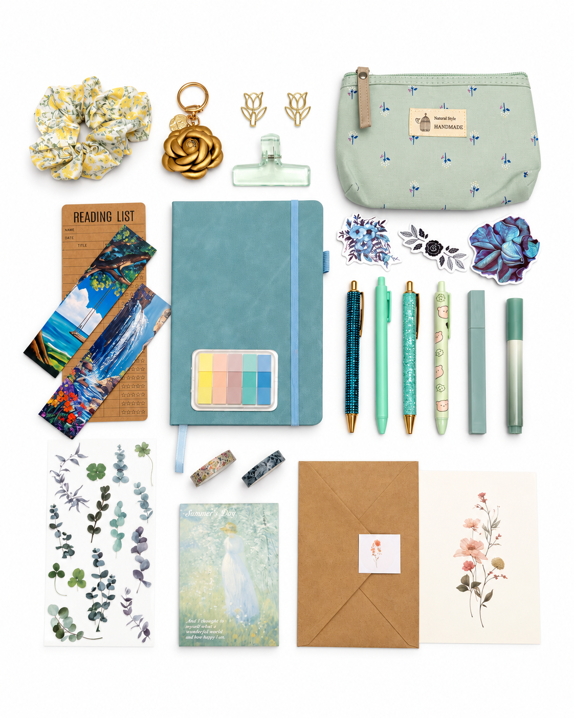 Sea Glass aqua stationery collection with an A5 journal, writing tools, bookmarks, washi tape, and coordinating desk accessories. Product photo 1 of 4.