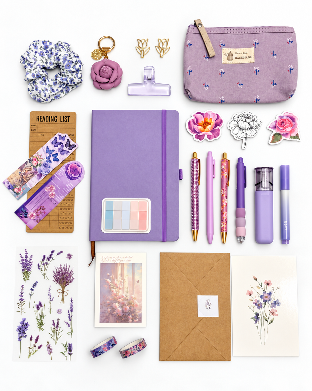 Quiet Violet purple stationery collection with an A5 journal, writing tools, bookmarks, washi tape, and coordinating desk accessories. Product photo 1 of 4.