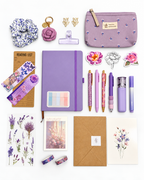 Quiet Violet purple stationery collection with an A5 journal, writing tools, bookmarks, washi tape, and coordinating desk accessories. Product photo 1 of 4.