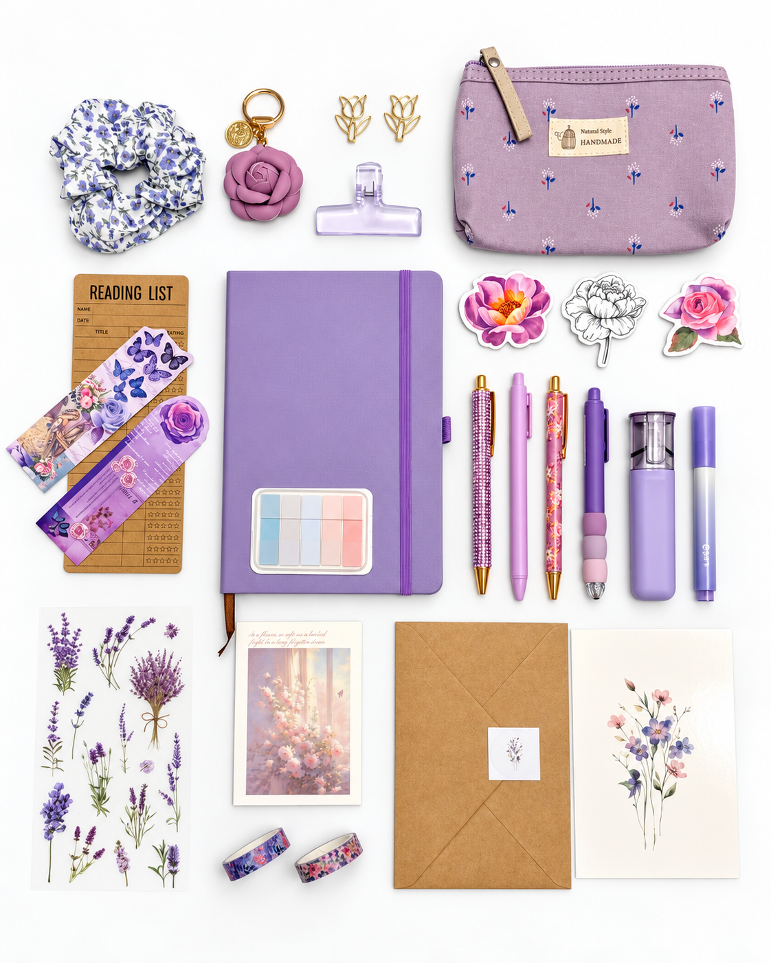 Quiet Violet purple stationery collection with an A5 journal, writing tools, bookmarks, washi tape, and coordinating desk accessories. Product photo 1 of 4.