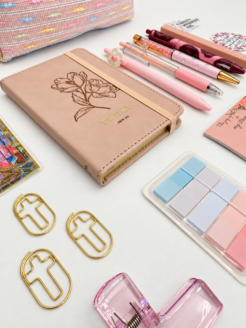 Trust pink Christian stationery collection with a Scripture journal, writing tools, bookmarks, washi tape, and Bible study accessories. Product photo 2 of 4.