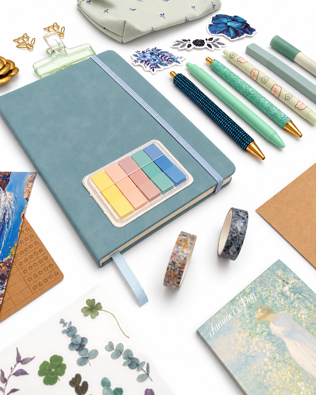Sea Glass aqua stationery collection with an A5 journal, writing tools, bookmarks, washi tape, and coordinating desk accessories. Product photo 3 of 4.