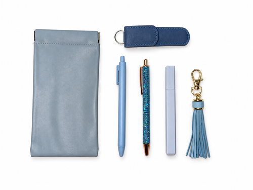 Blue Purse Pack with spring-close pouch, two pens, highlighter, glass nail file and tassel keychain