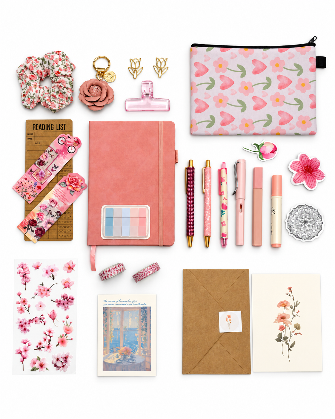 Blush Petal pink stationery collection with an A5 journal, writing tools, bookmarks, washi tape, and coordinating desk accessories. Product photo 1 of 4.
