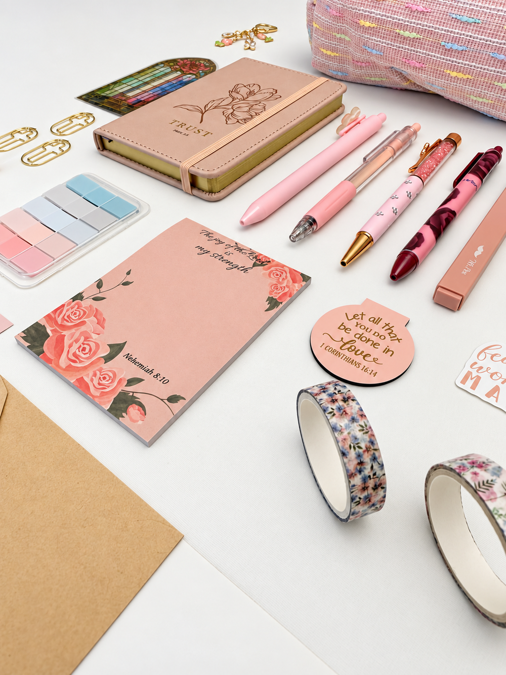 Trust pink Christian stationery collection with a Scripture journal, writing tools, bookmarks, washi tape, and Bible study accessories. Product photo 3 of 4.