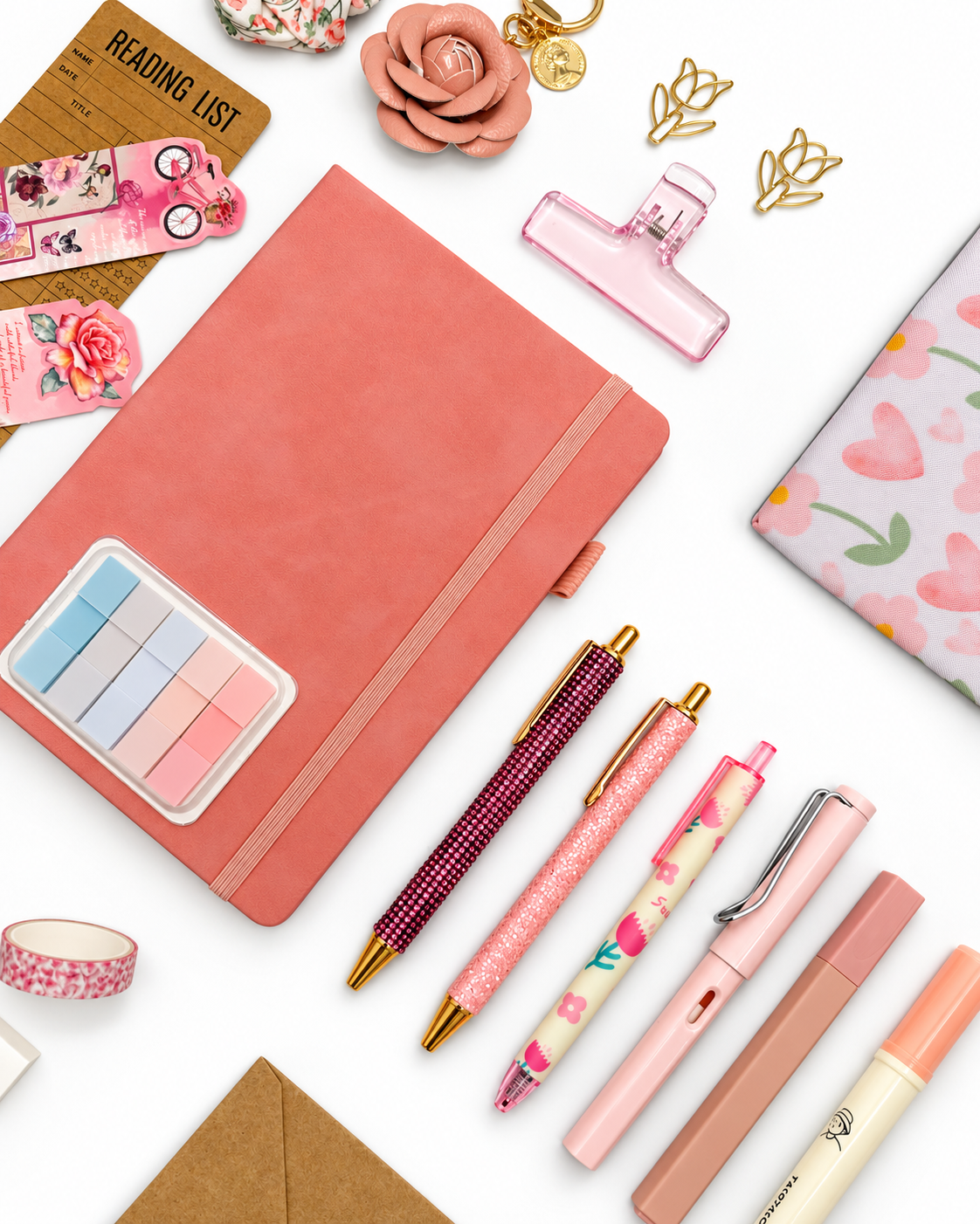 Blush Petal pink stationery collection with an A5 journal, writing tools, bookmarks, washi tape, and coordinating desk accessories. Product photo 2 of 4.
