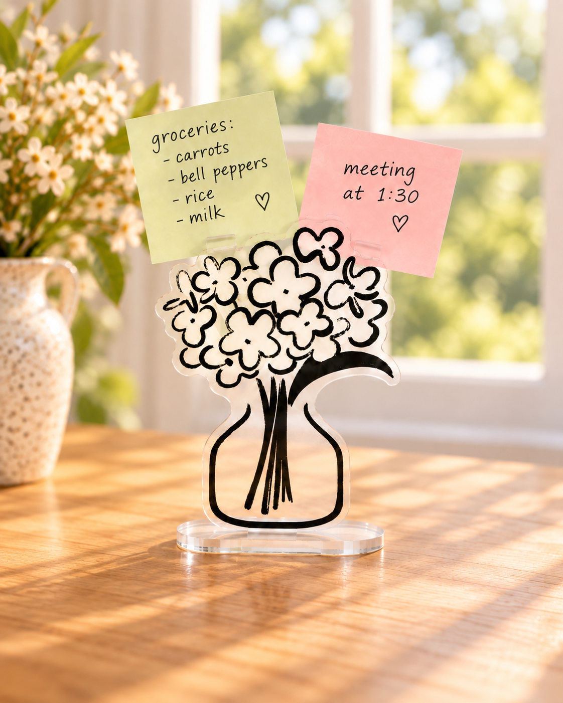 Floral acrylic desktop note holder for displaying reminders, photos, or small cards. Product photo 1 of 3.