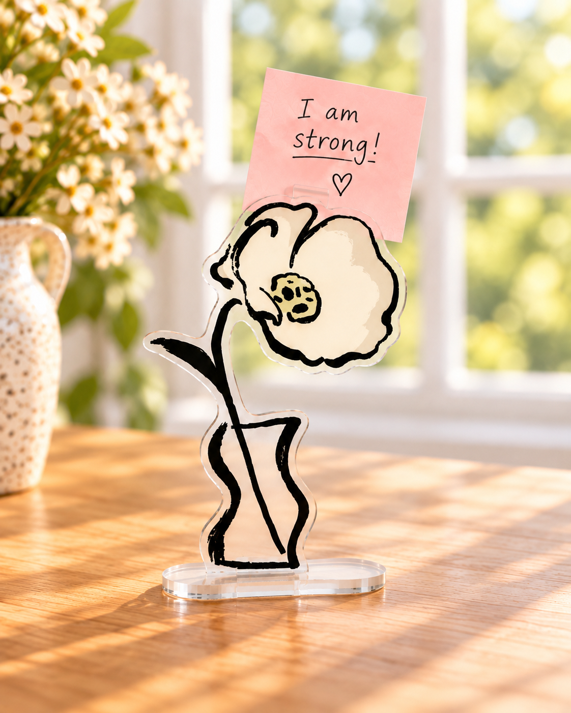 Floral acrylic desktop note holder for displaying reminders, photos, or small cards. Product photo 2 of 3.