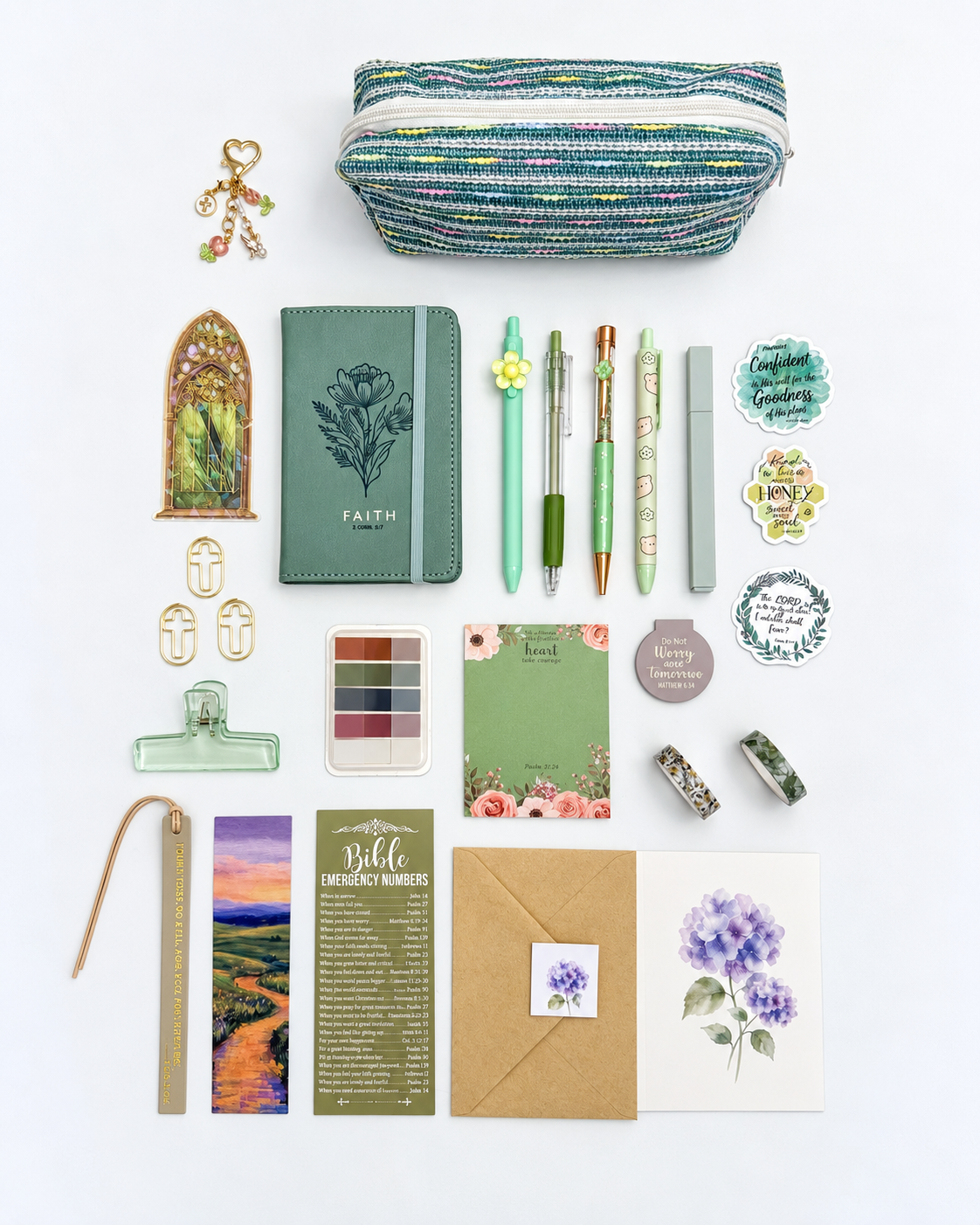 Faith green Christian stationery collection with a Scripture journal, writing tools, bookmarks, washi tape, and Bible study accessories. Product photo 1 of 4.