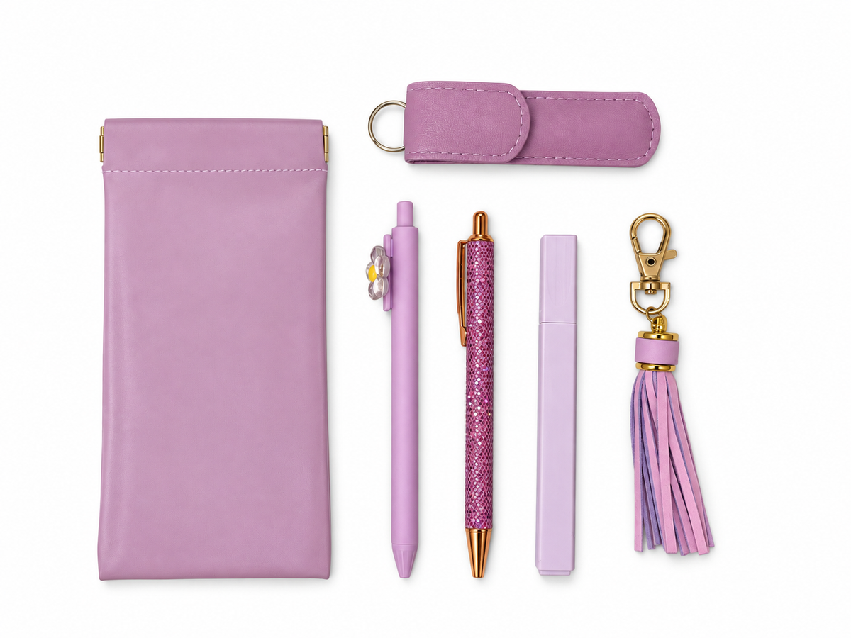 Purple Purse Pack with spring-close pouch, two pens, highlighter, glass nail file and tassel keychain