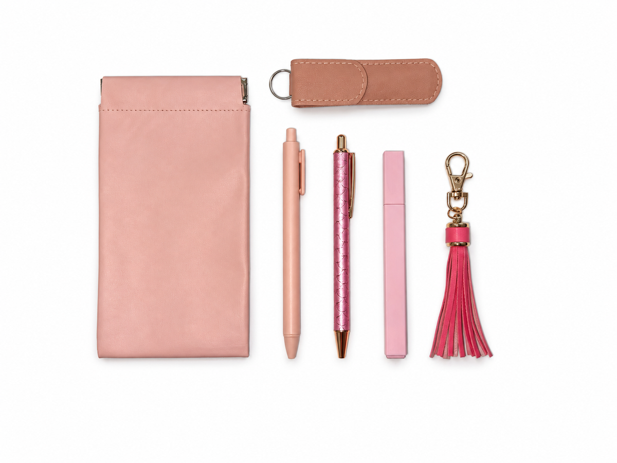 Pink Purse Pack with spring-close pouch, two pens, highlighter, glass nail file and tassel keychain