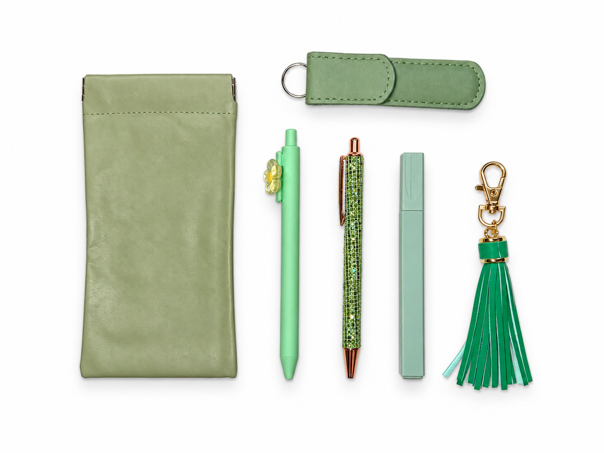 Green Purse Pack with spring-close pouch, two pens, highlighter, glass nail file and tassel keychain