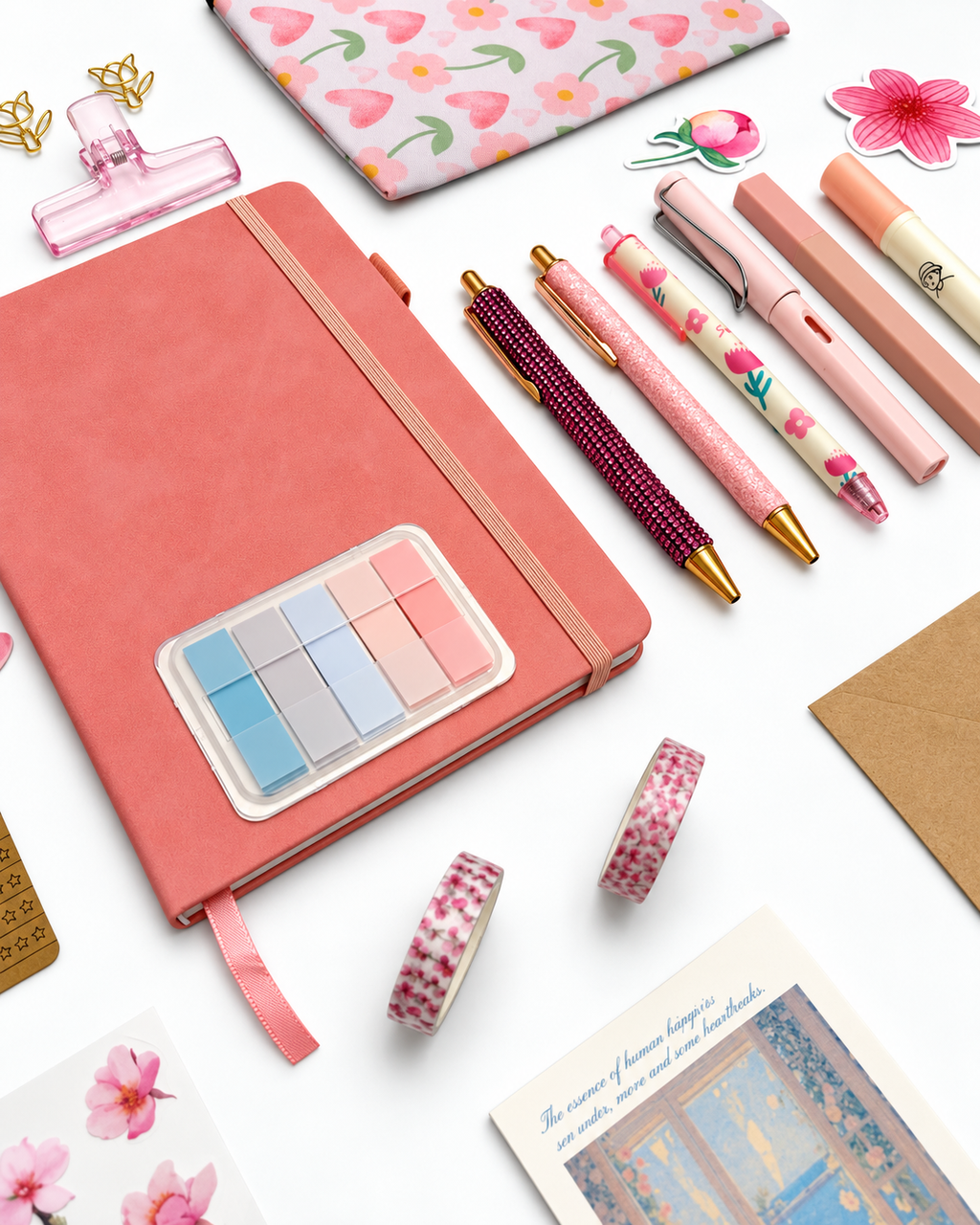 Blush Petal pink stationery collection with an A5 journal, writing tools, bookmarks, washi tape, and coordinating desk accessories. Product photo 3 of 4.