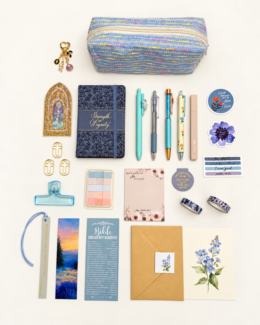 Strength blue Christian stationery collection with Scripture journal, writing tools and Bible study accessories