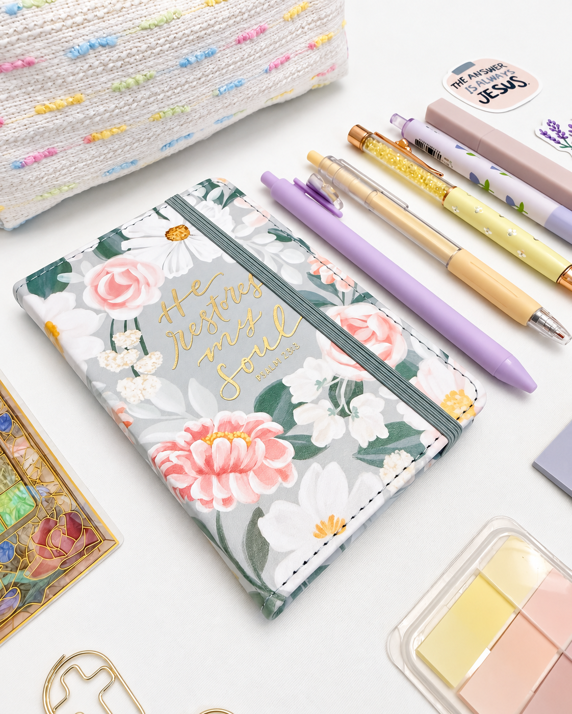 Restore Christian stationery collection with a Scripture journal, writing tools, bookmarks, washi tape, and Bible study accessories. Product photo 2 of 4.