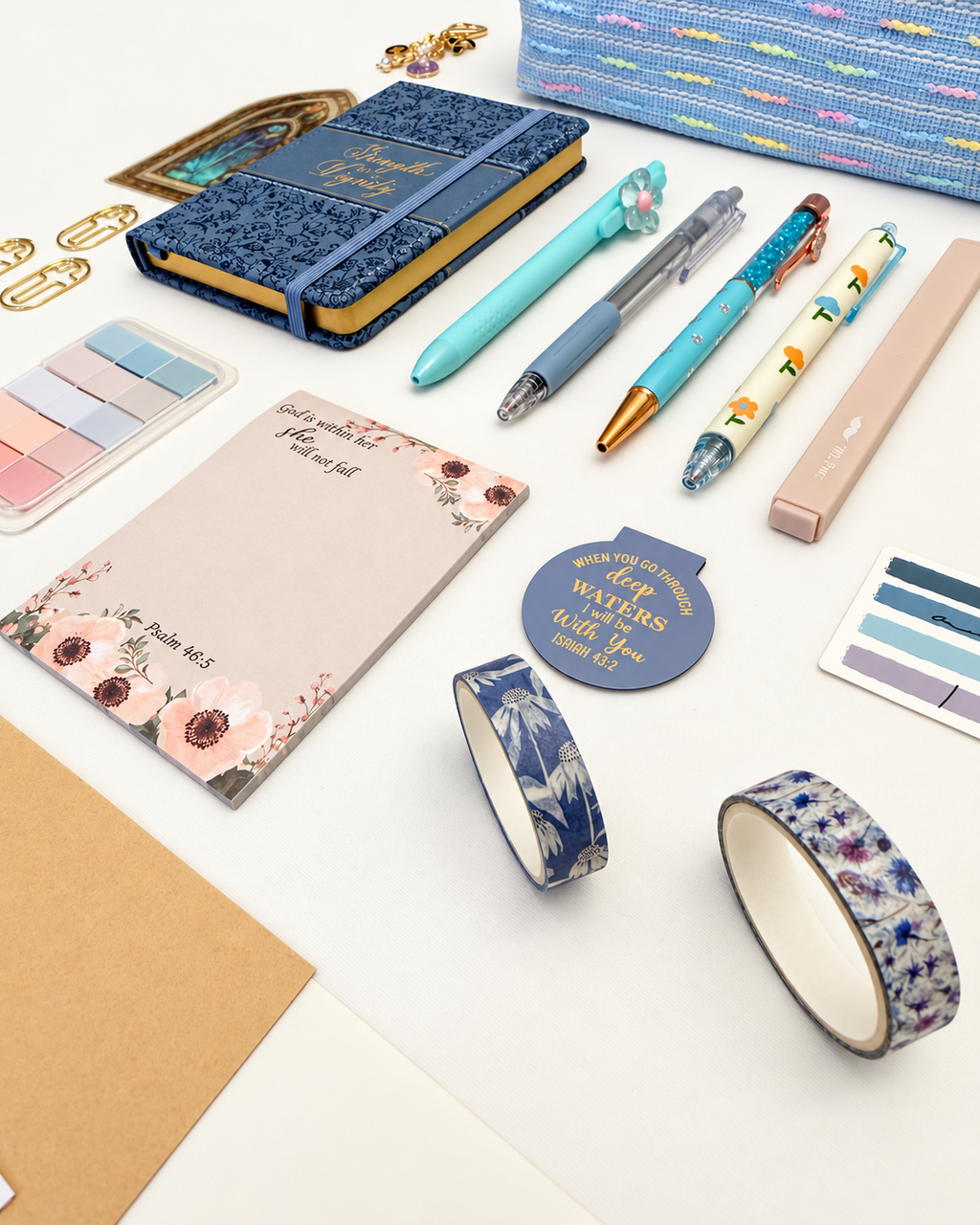 Strength blue Christian stationery collection with a Scripture journal, writing tools, bookmarks, and Bible study accessories. Product photo 3 of 4.