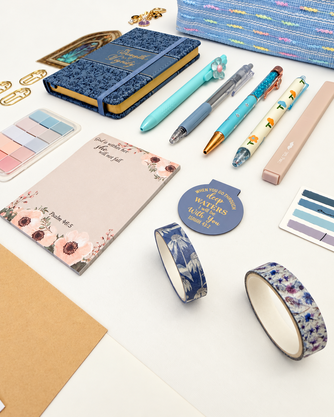 Strength blue Christian stationery collection with a Scripture journal, writing tools, bookmarks, and Bible study accessories. Product photo 3 of 4.