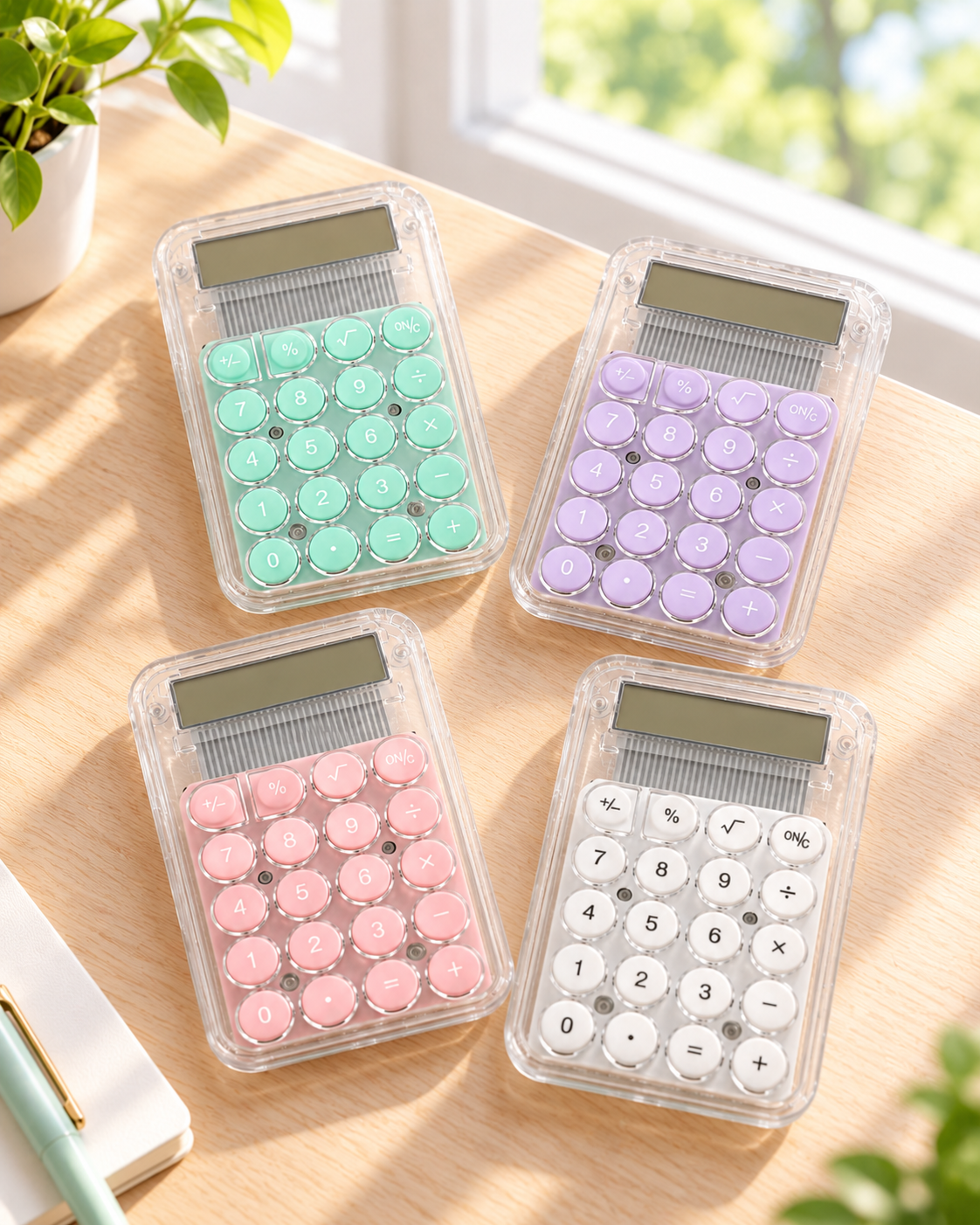 Pastel desktop calculator with colorful buttons and a clear display for home, office, or study. Product photo 1 of 5.