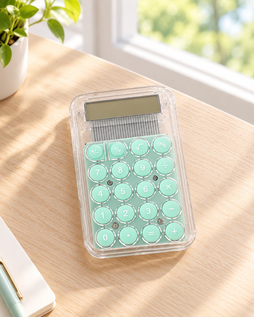Pastel desktop calculator with colorful buttons and a clear display for home, office, or study. Product photo 4 of 5.