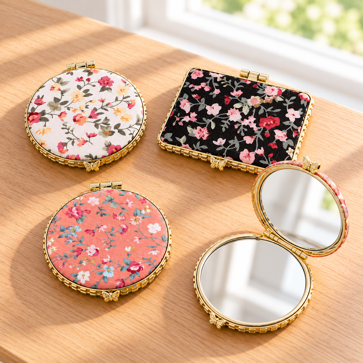 Boutique floral compact mirror with a padded exterior, gold-tone trim, and double mirrors. Product photo 1 of 4.