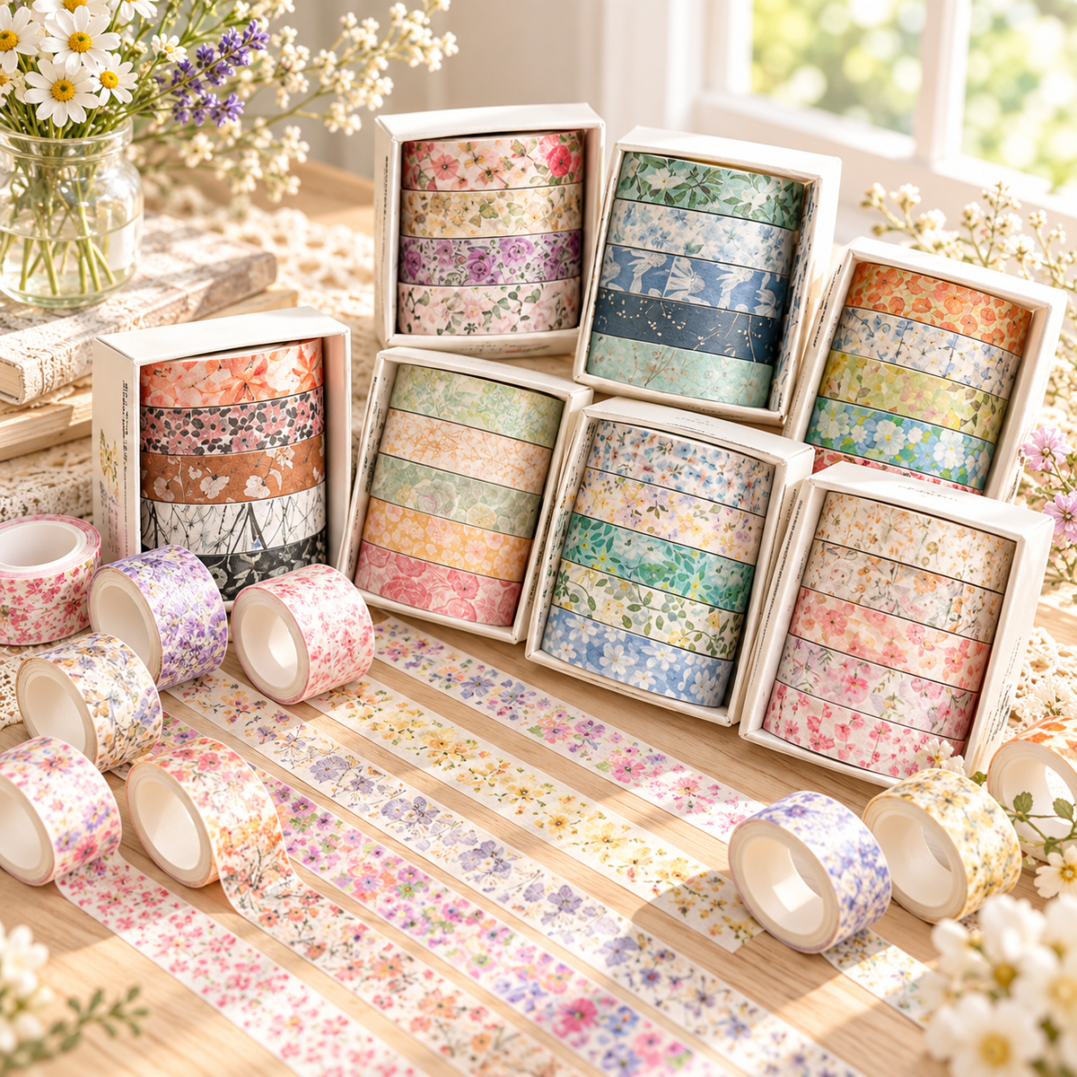 Assorted coordinating decorative washi tape rolls