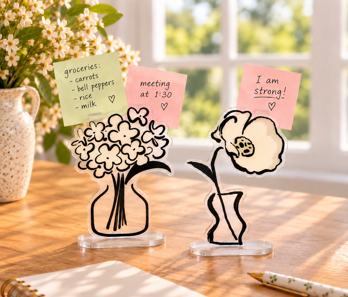 Floral acrylic desktop note holder for displaying reminders, photos, or small cards. Product photo 3 of 3.