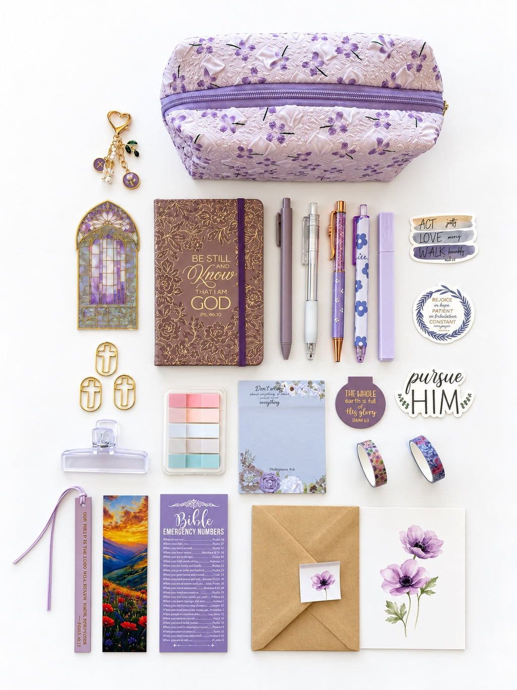 Be Still purple Christian stationery collection flat lay with Psalm 46:10 gold embossed journal and Bible study accessories