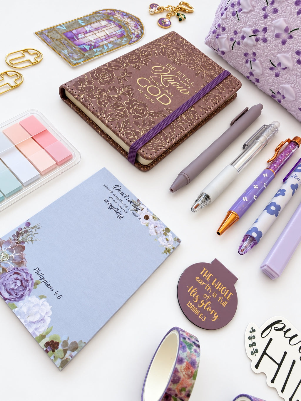 Be Still purple Bible study stationery collection details with journal, floral pouch and notepad