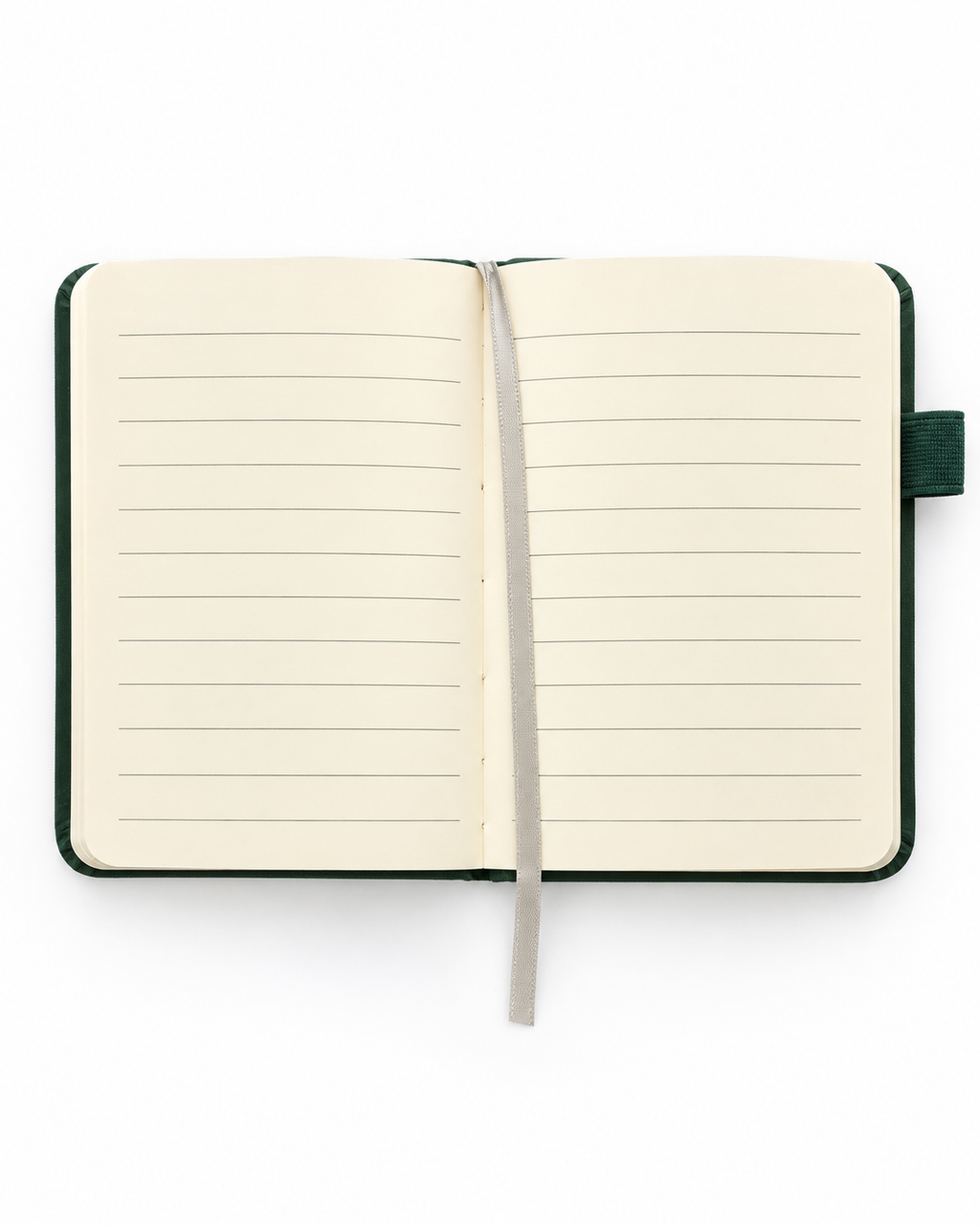 Open Into the Wild A7 pocket journal showing cream lined pages, a gray ribbon bookmark, and a dark green cover.
