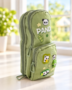 Into the Wild green panda specialty pencil case standing on a table in a bright sunlit room.