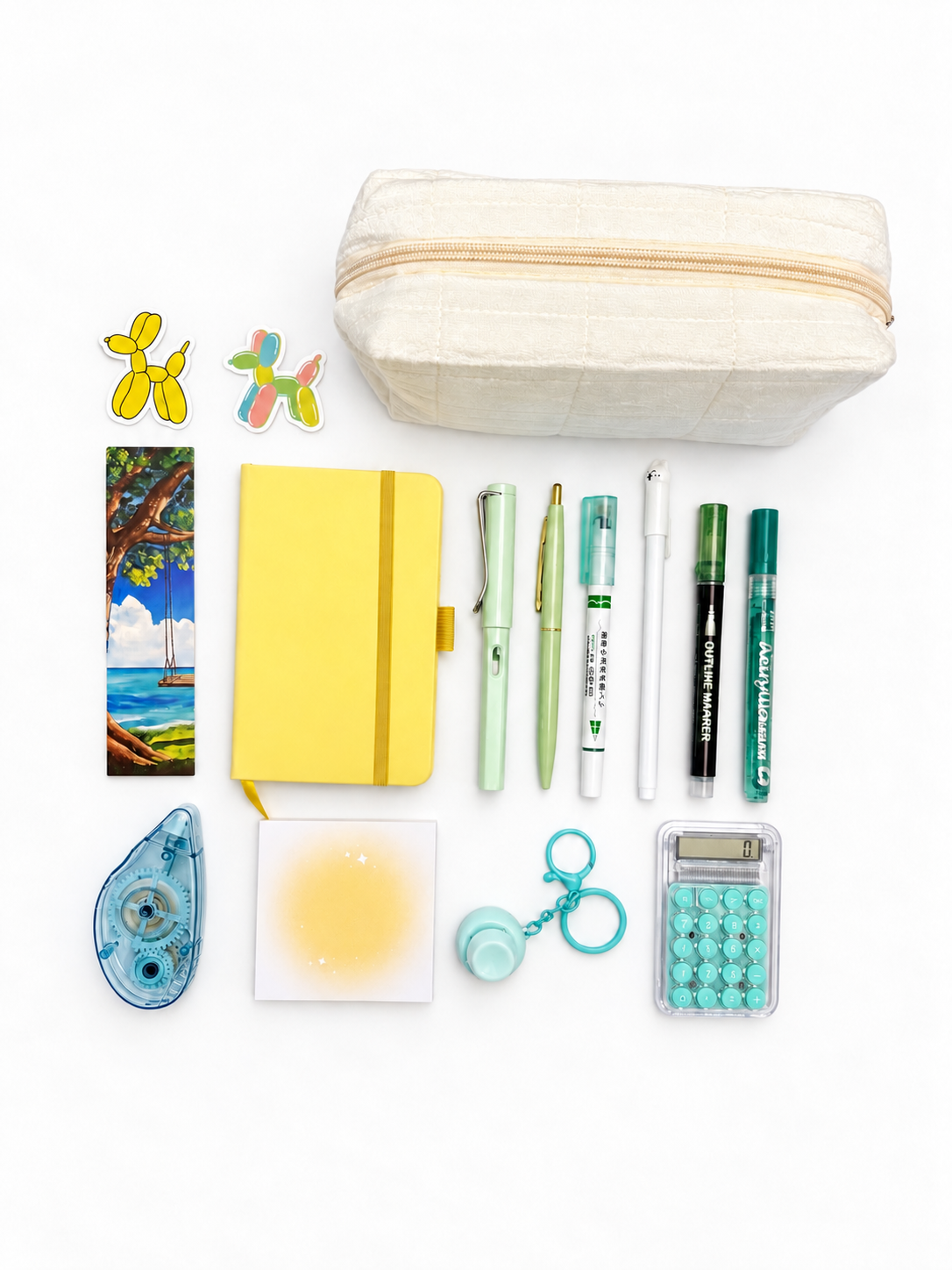 Lemon Lime yellow and green kids stationery collection flat lay with pencil case, A6 journal, writing tools, calculator, sticky notes, tape roller, fidget keychain, bookmark, and stickers.