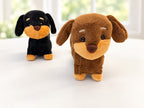 Front view of brown and black plush dachshund dogs