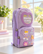 Once Upon a Time lavender specialty pencil case standing on a table in a bright sunlit room.