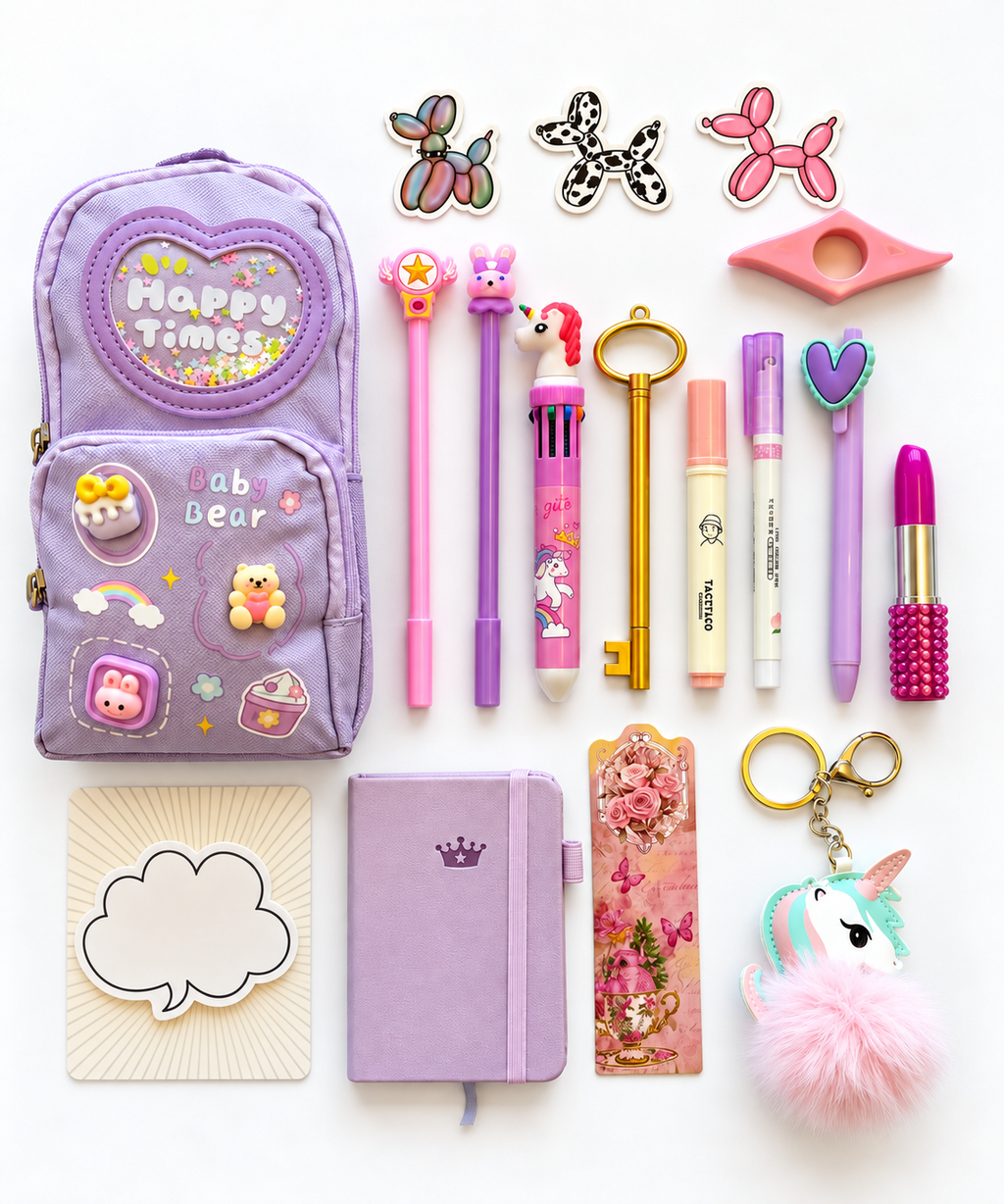 Once Upon a Time Premier Kids Collection flat lay with lavender specialty pencil case, A7 pocket journal, novelty writing tools, notepad, bookmark, stickers, page holder, and fluffy unicorn keychain.