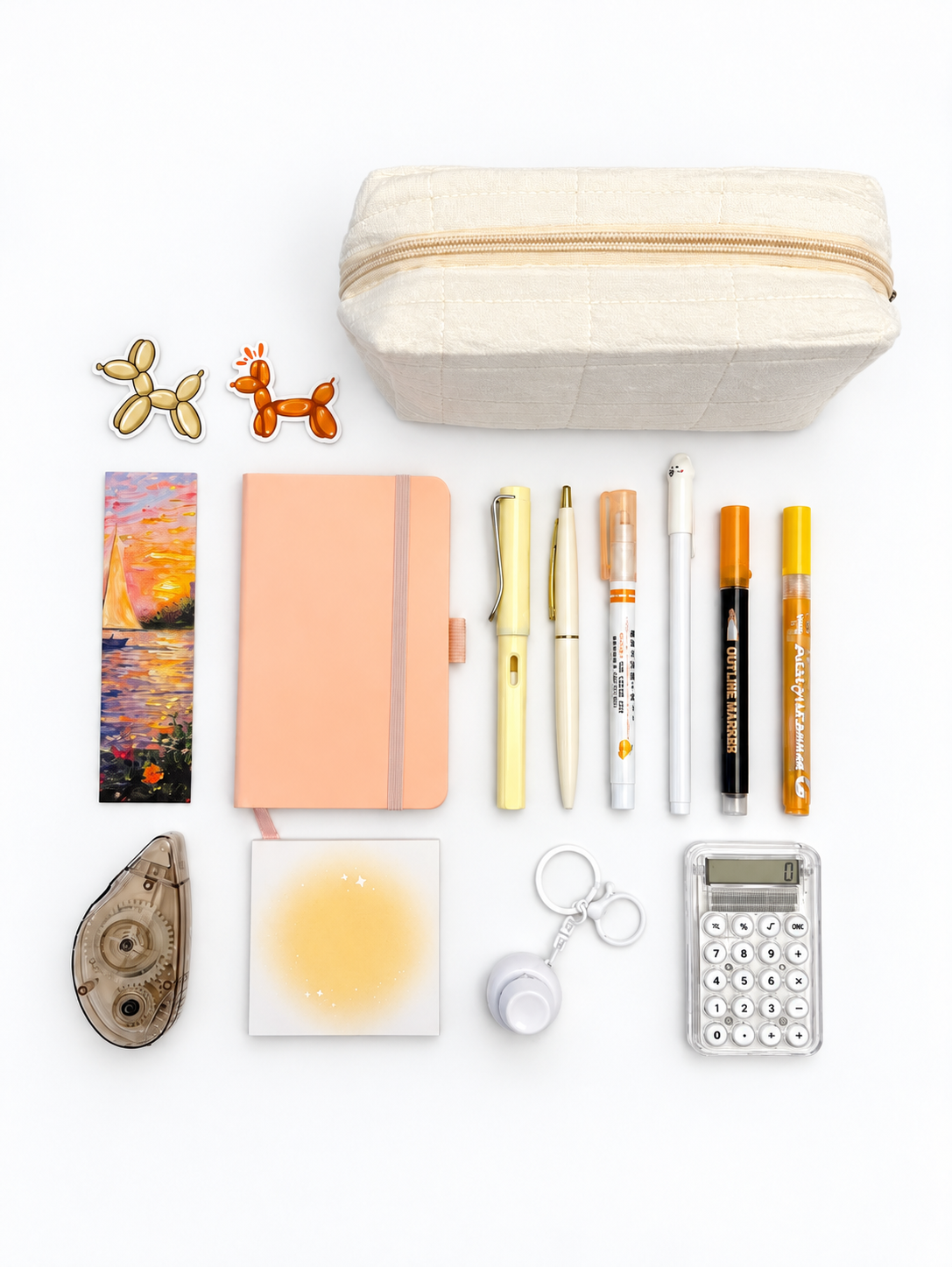 Orange Sherbert orange and peach kids stationery collection flat lay with pencil case, A6 journal, writing tools, calculator, sticky notes, tape roller, fidget keychain, bookmark, and stickers.